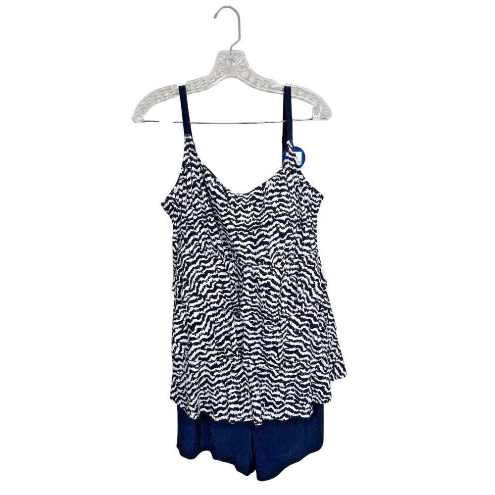 Great Lengths Women Black White Zig Zag Faux Triple Tier‎ Shortini Swimsuit 18